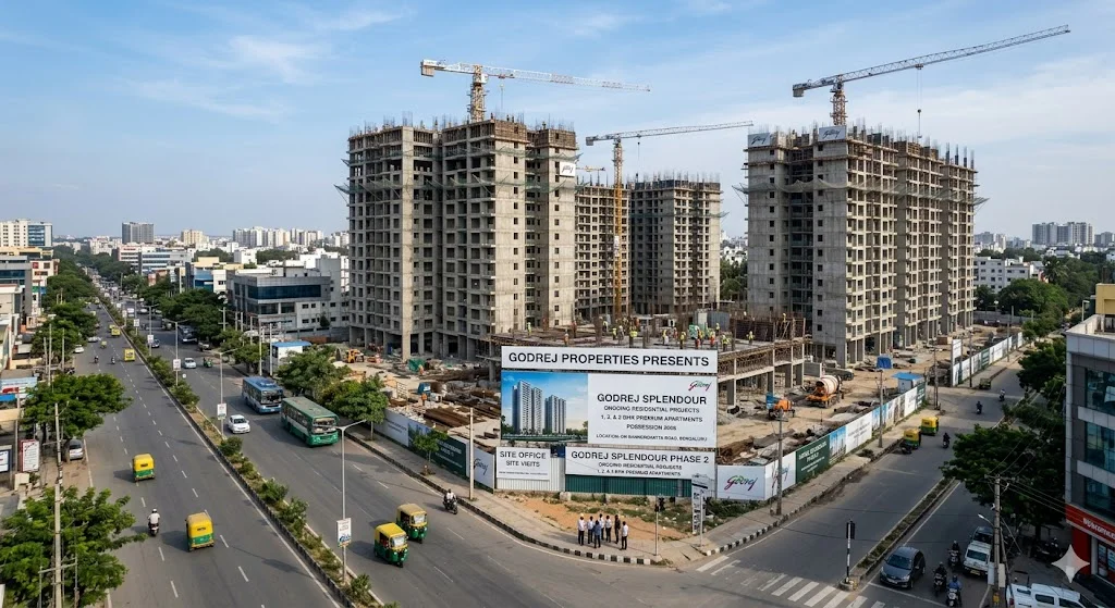 Construction progress view of Godrej Bannerghatta and Godrej Nurture residential towers in South Bangalore near the Pink Line Metro corridor.